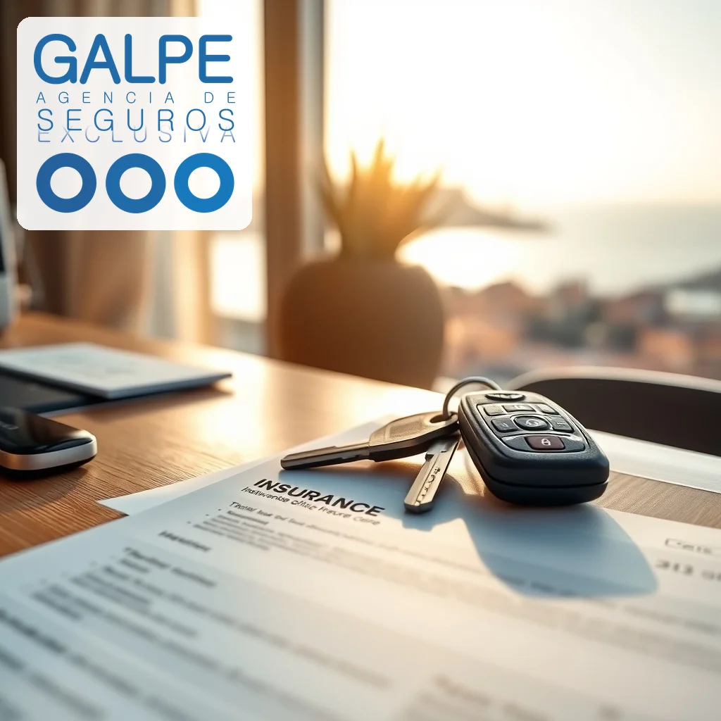Llaves del coche sobre una póliza de seguro de coche en una mesa de oficina en Málaga, con el logo de Galpe Agencia de Seguros Exclusiva