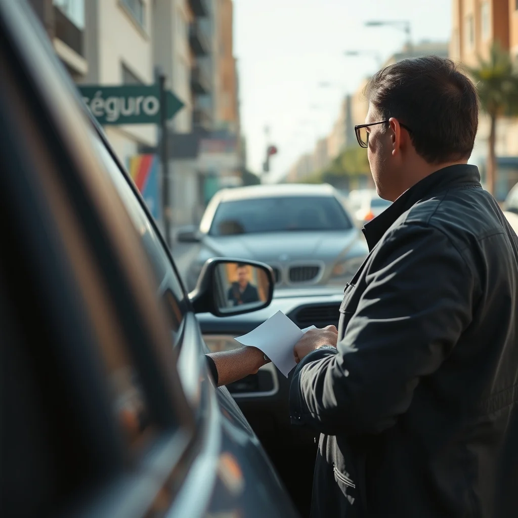 Conductor revisando una póliza de seguro de coche junto a su vehículo aparcado en una calle de Málaga