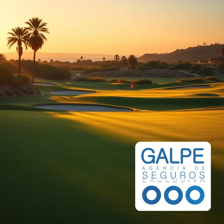 Campo de golf en la costa de Málaga al atardecer con bandera y bunkers, escena editorial para seguro para campos de golf