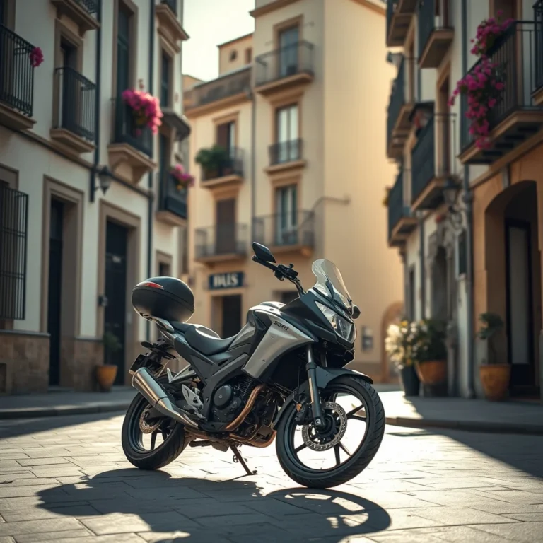Moto aparcada en una calle del centro de Málaga con arquitectura andaluza al fondo, escena editorial para seguro de moto Málaga