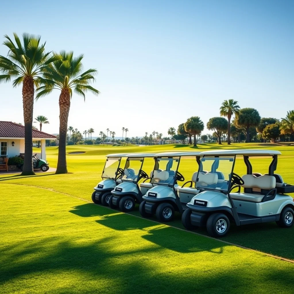 Buggies de golf aparcados junto al green de un campo en Málaga
