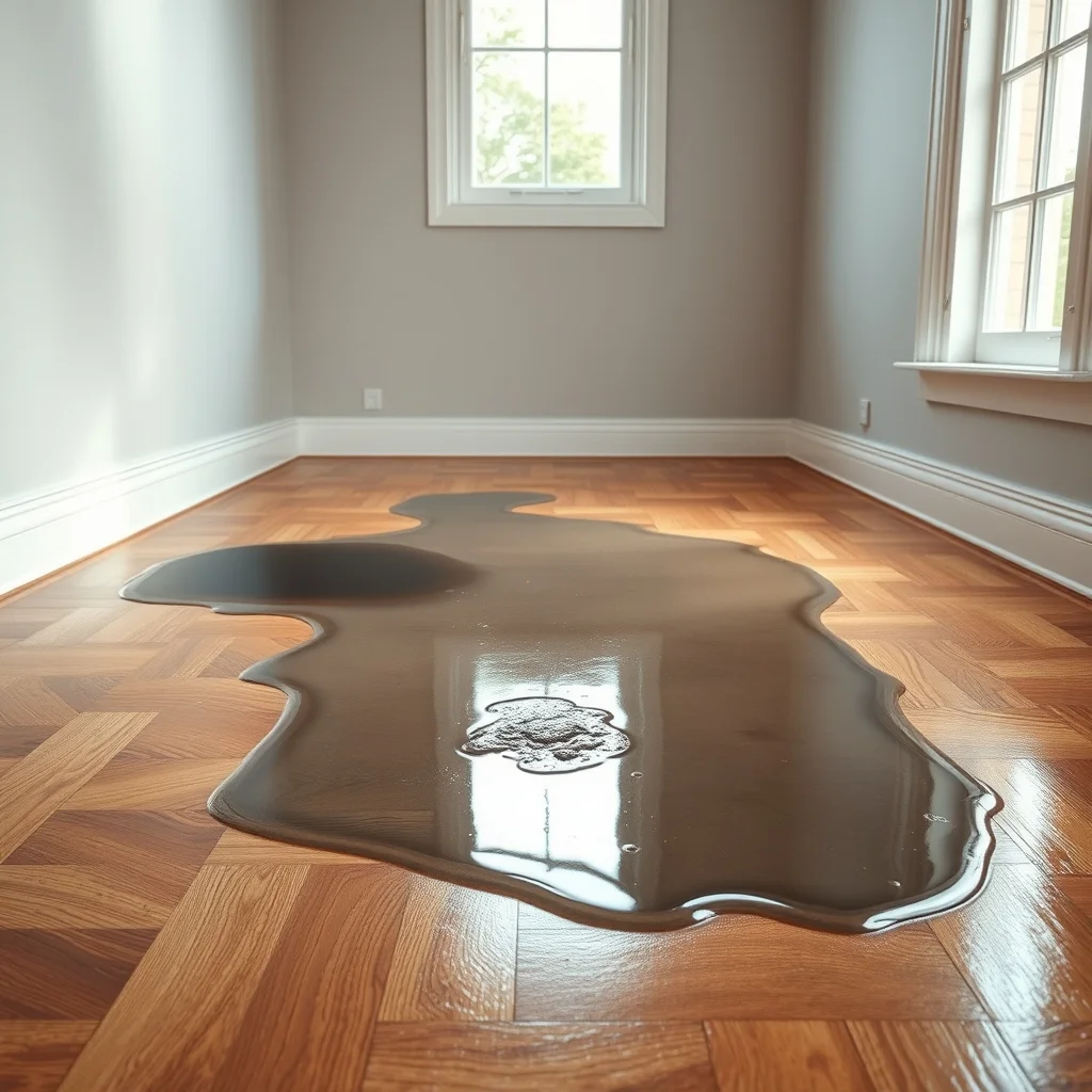 Charco de agua sobre el parqué de un salón tras unos daños por agua en una vivienda de Málaga