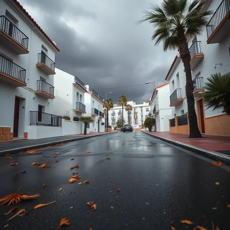 Calle de viviendas blancas en Andalucía con el suelo mojado y hojas de palmera caídas tras los daños por temporal de otoño
