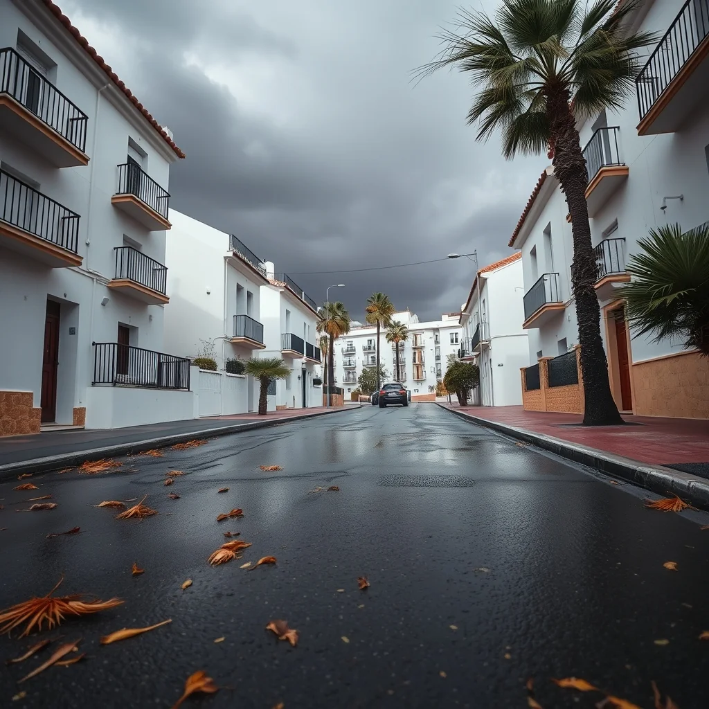 Calle de viviendas blancas en Andalucía con el suelo mojado y hojas de palmera caídas tras los daños por temporal de otoño