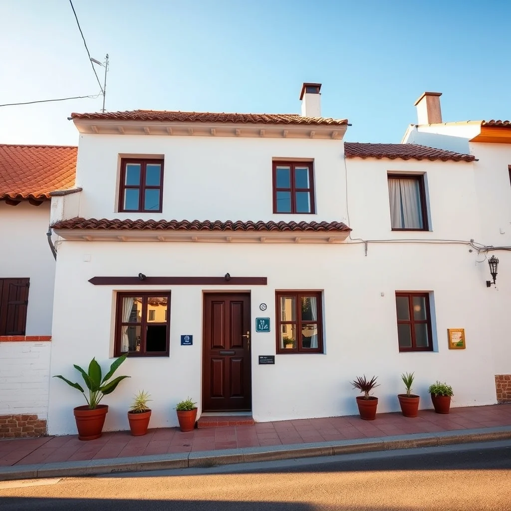 Seguro de vida hipotecario: fachada encalada de una vivienda familiar andaluza con puerta de madera y macetas