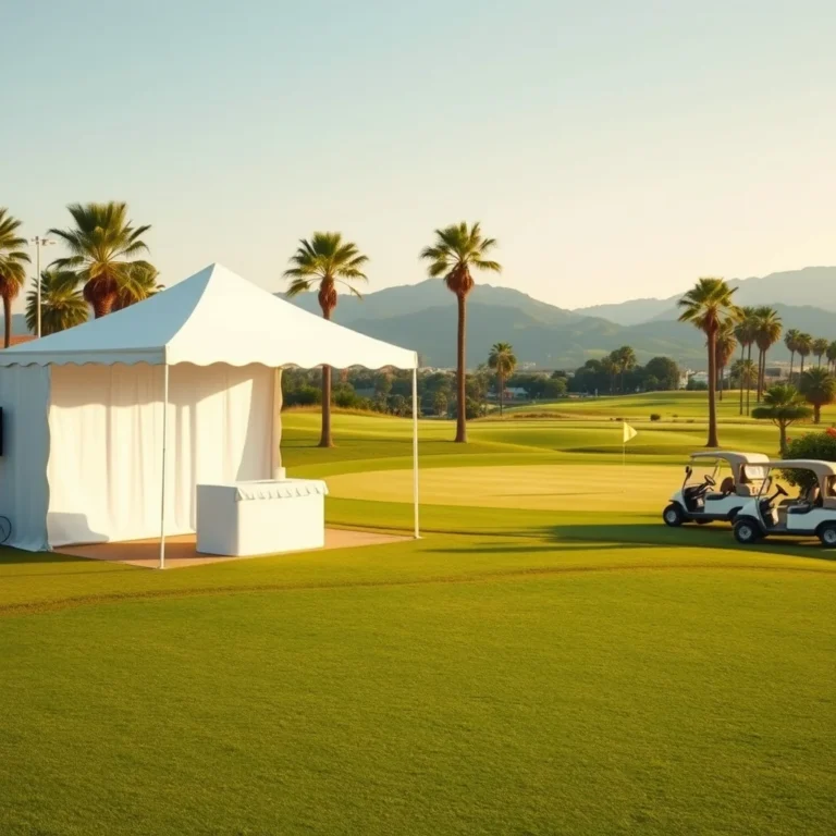 Seguro para torneos de golf: carpa de entrega de premios junto al green de un campo en Málaga